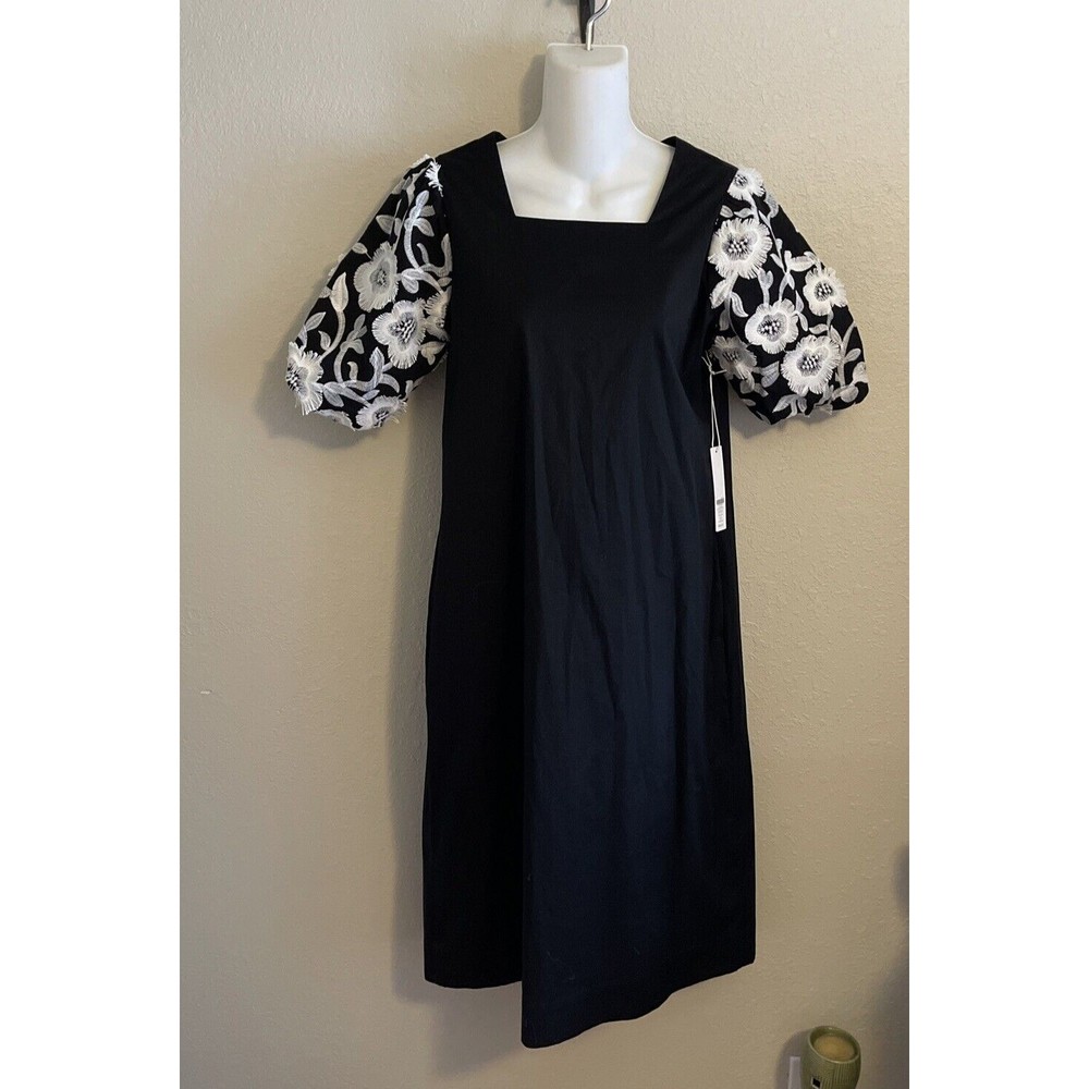 Chicos Dress Midi Size 00 XS PocketEmbroidered Balloon Sleeve Black Cotton $158